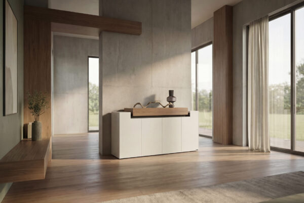 Sideboard weiß, Schubkasten Nussbaum, 4-türig
