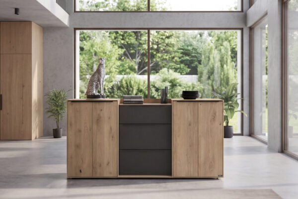 Sideboard Eiche, Mitte Glas Anthrazit Schubladen