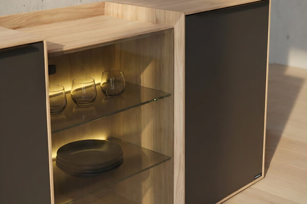 Nahaufnahme Sideboard Eiche Glas anthrazit